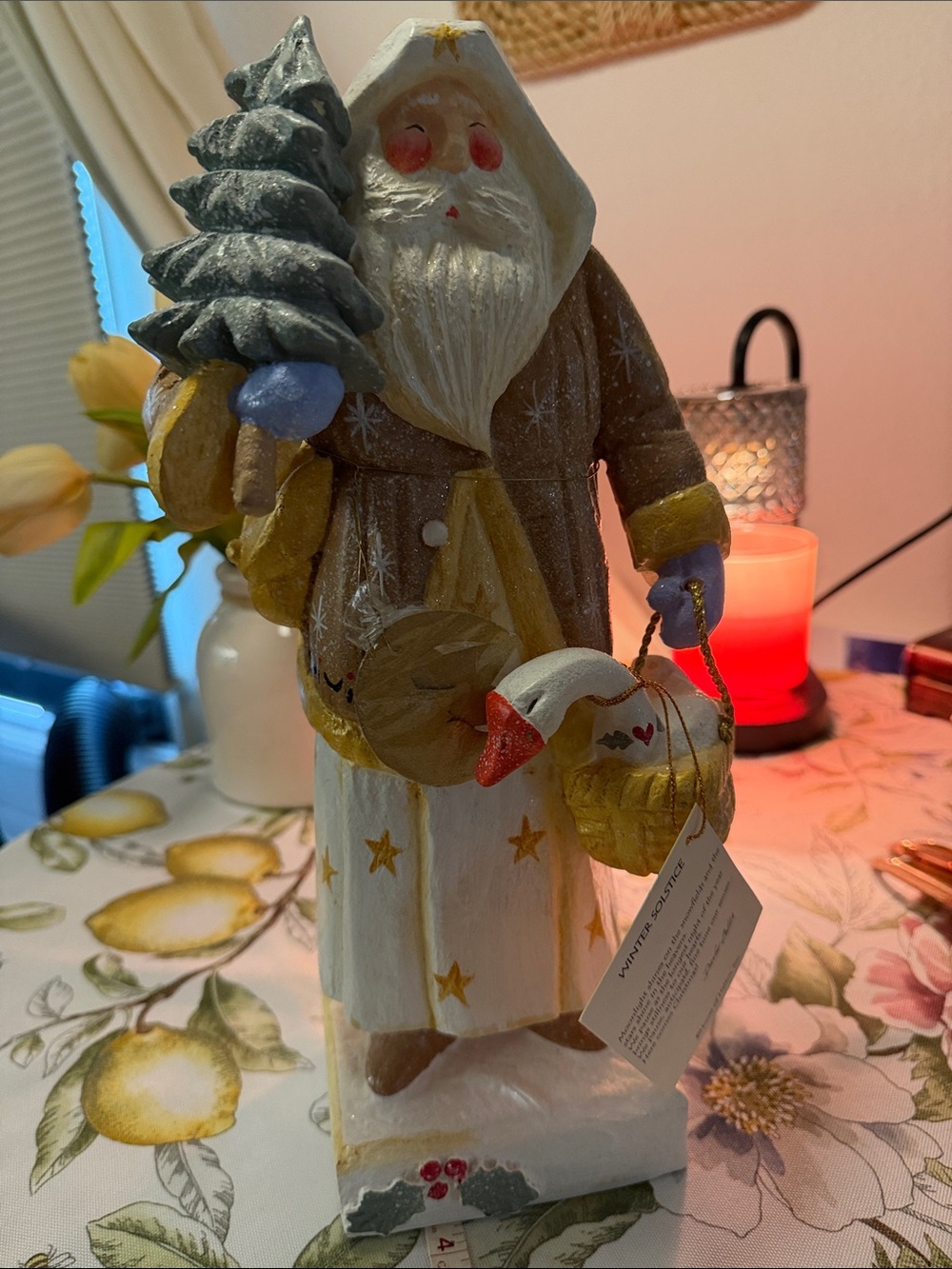 House of Hatten Solstice White & Gold Santa Holding Tree Figurine (collectible)